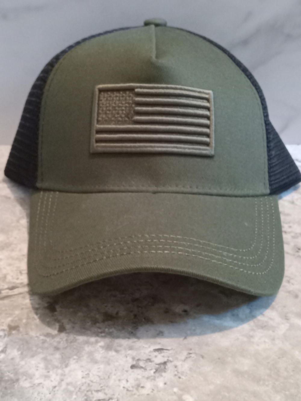 Olive Green Trucker Cap with American Flag Patch